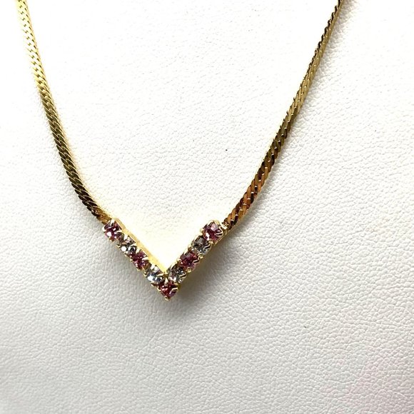 Flat Chain V Necklace with Pink and Clear Round Crystals, Vintage Chevron Choker - Picture 3 of 4